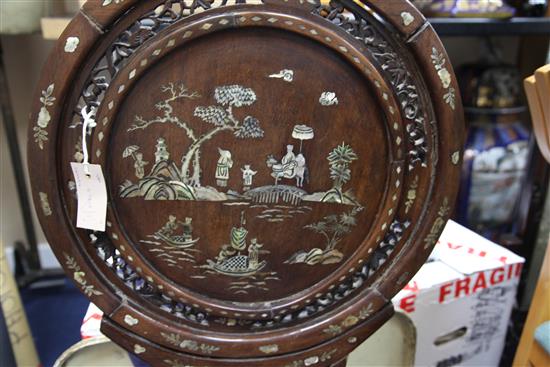 A Chinese rosewood and mother of pearl inlaid table screen, width 51cm height 75cm, old repairs